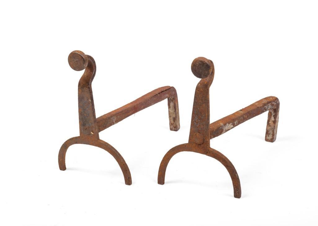 Pair of Early Wrought Iron Gooseneck Andirons.: Height 10 inches.
