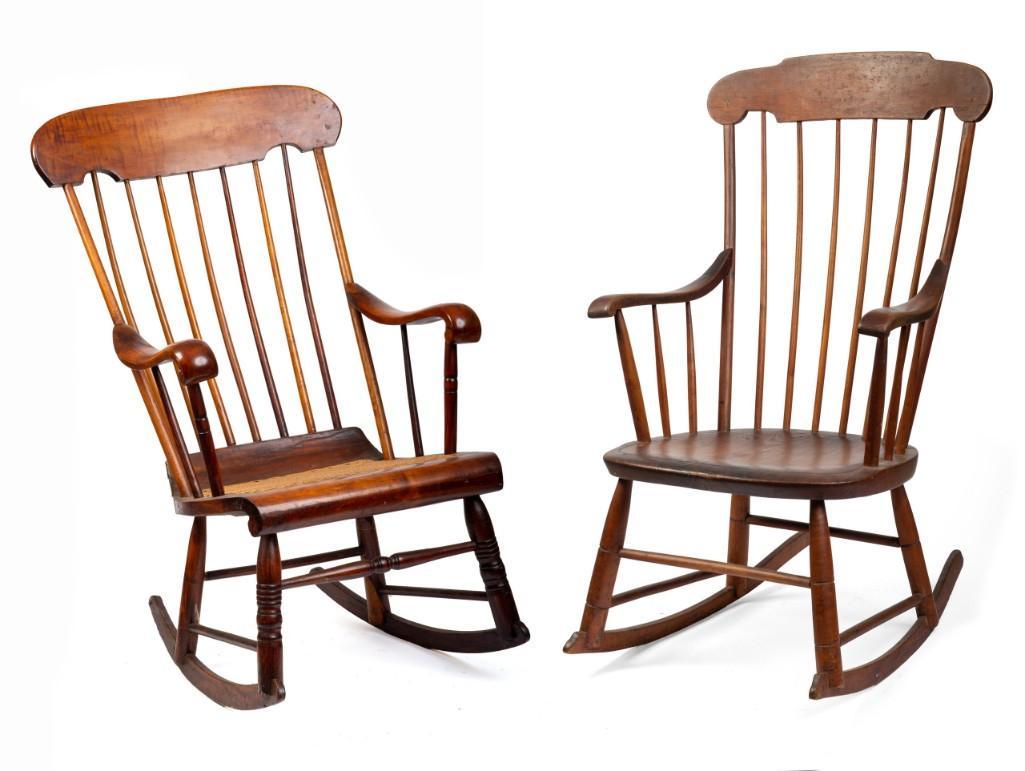 Two New England Windsor Rockers.: One with cane seat, the other with plank seat.