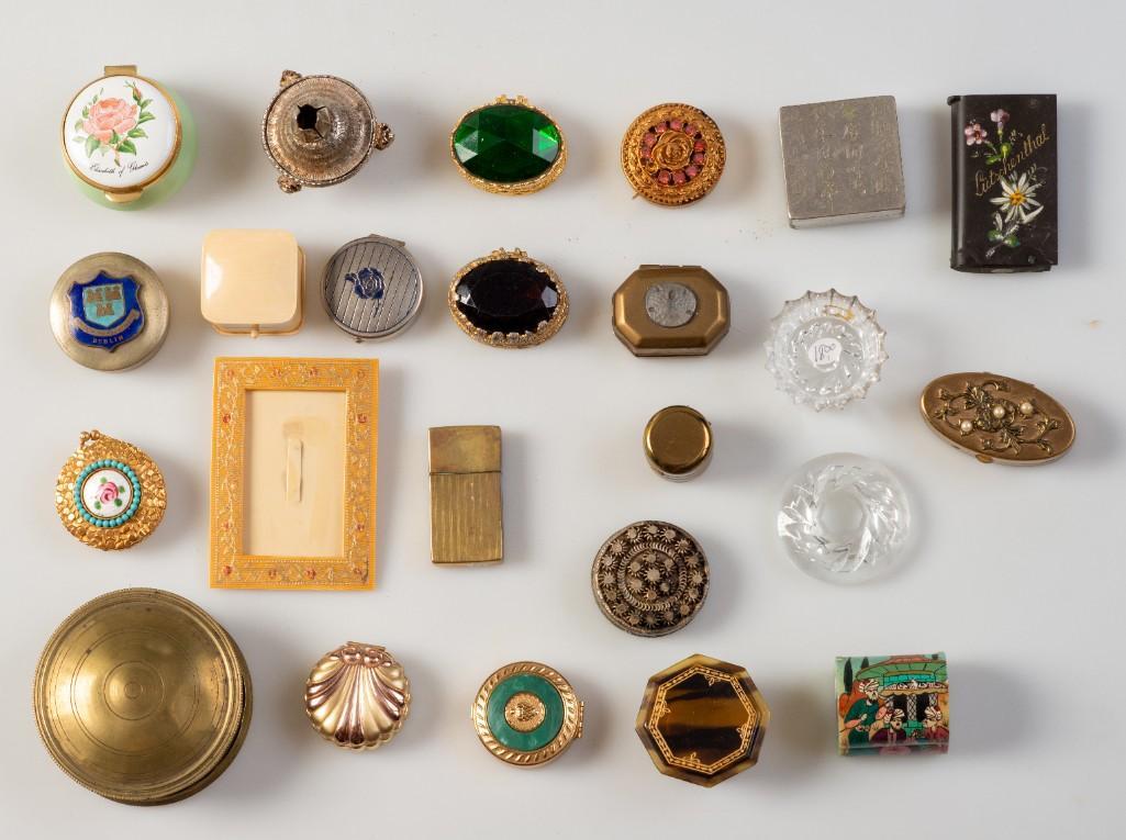 Group of Small Decorative Boxes.: Twenty two total, together with a small frame. The largest box, diameter 3 1/8 inches.