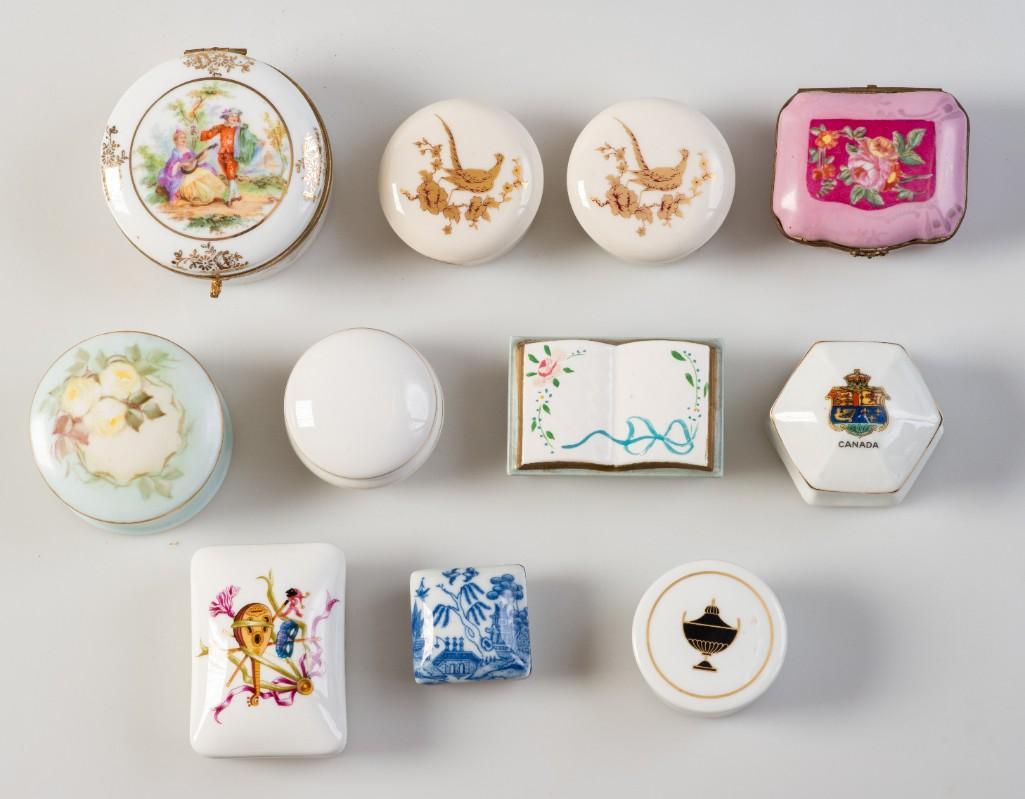 Eleven Ceramic Dresser Boxes.: Gorham, Noritake, Bidasoa, Richard Ginori, and others. Diameter of largest 3 1/2 inches.