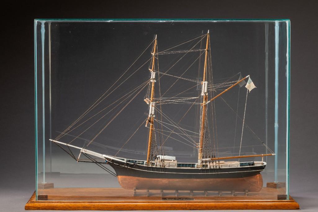 Display Model of the Maine-built Brigantine, Newsboy,: The clipper-bowed, merchant brigantine Newsboy was one of the earliest designs of Dennison J. Lawlor of Chelsea (designer of the highly successful pilot schooners Dancing Feather, Hesper, and Phantom)