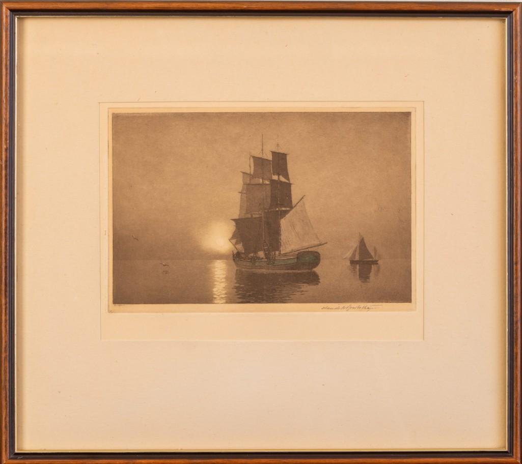 Claude H. Rowbotham. Becalmed.: Limited edition aquatint, 7 x 9 1/4 inches, sight. Pencil signed lower right.