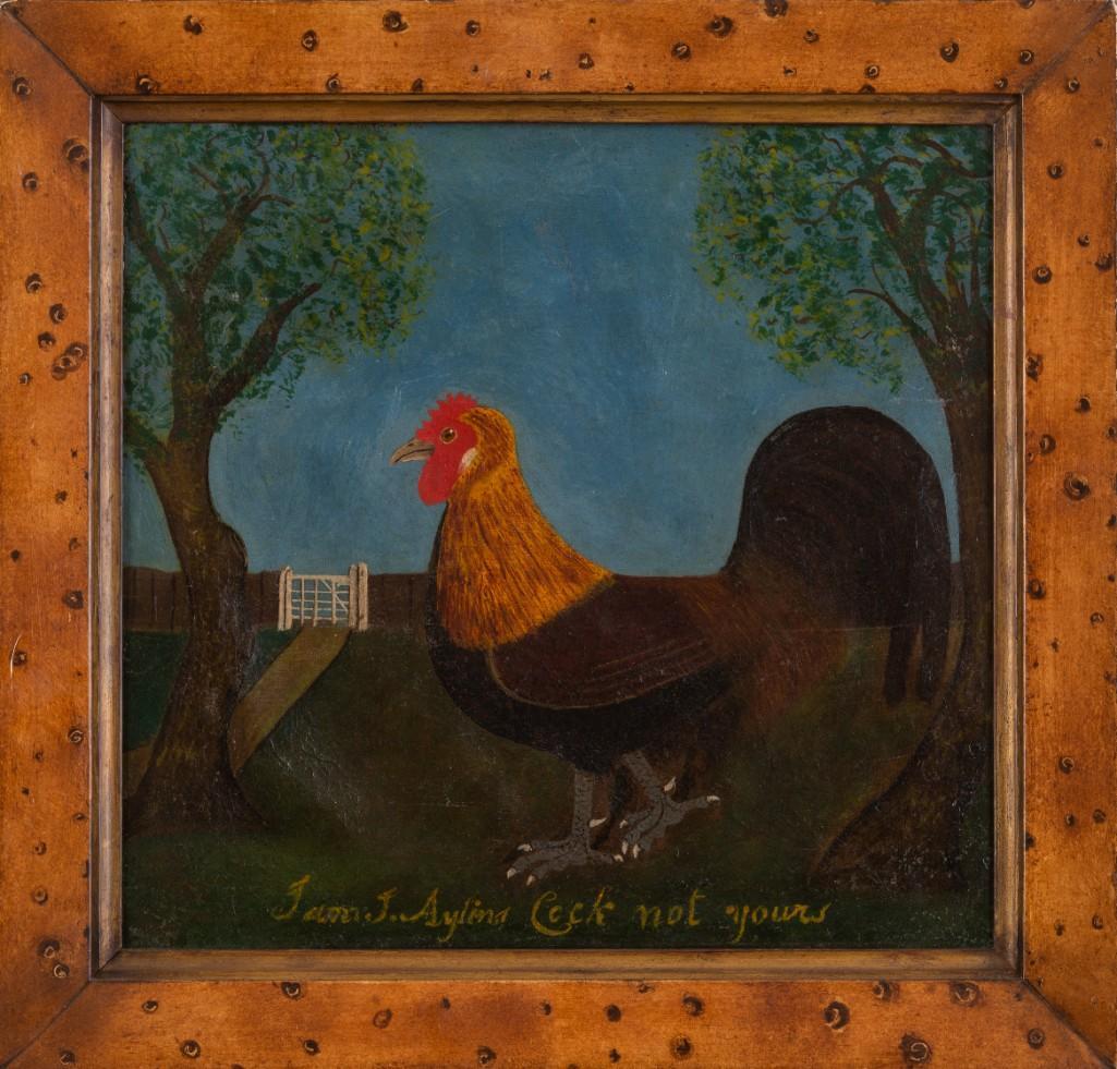 English School Painting of a Rooster.: Oil on canvas, 12 1/2 x 13 inches. Titled "Jam J. Aylina Cock not yours." Signed John Bowyer and dated Dec. 15, 1838 on verso. In a bird's eye maple frame. Provenance: The Tristan Jellinek Collection,