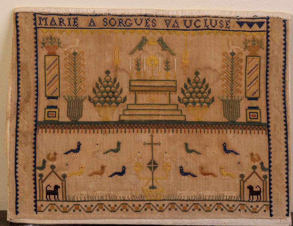 French Needlepoint Sampler by Marie A Sorgues Vaucluse.: 19th century, 8 1/2 x 11 inches.