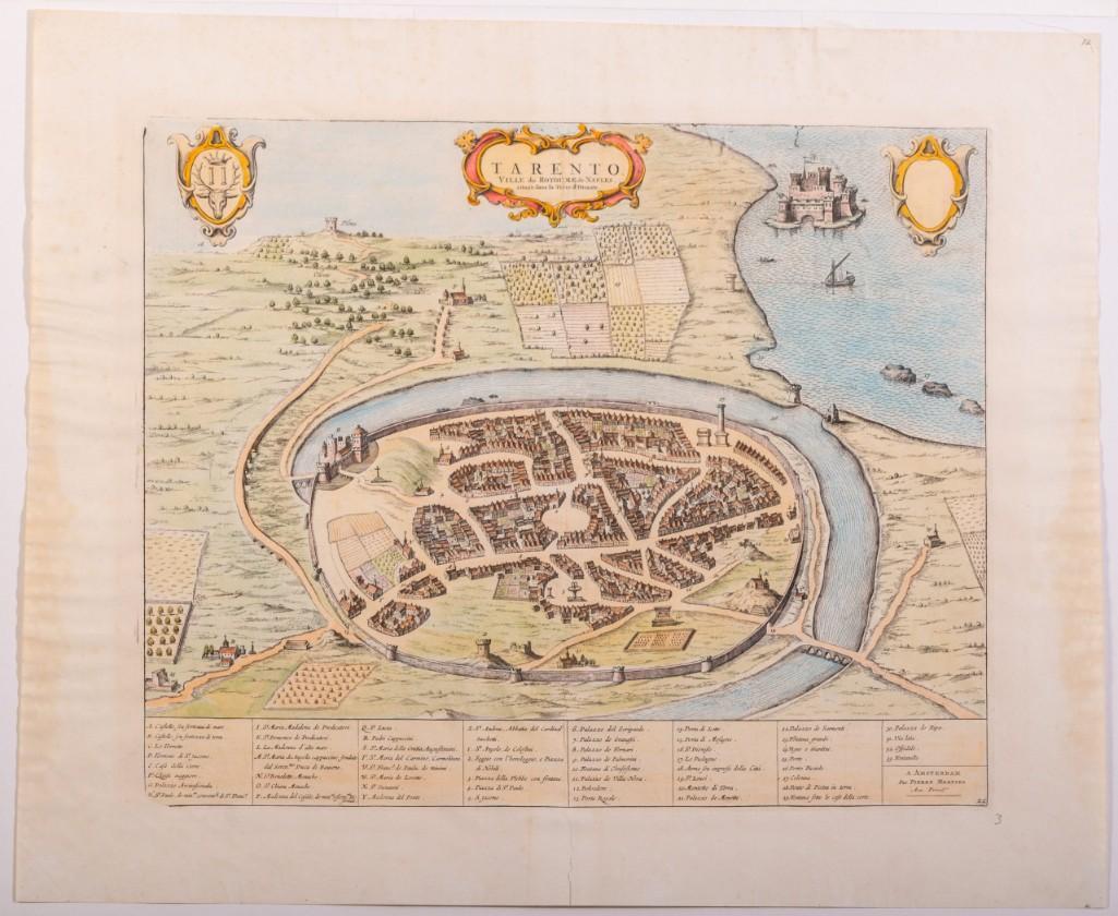 Pierre Mortier. View of Tarento.: Tarento Ville du Royoume de Naples. Handcolored etching, 20 1/2 x 17 inches.