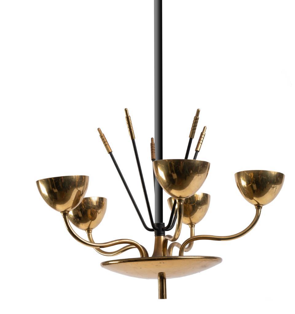 Mid Century Modern Brass Chandelier.: Five lights, 19 inches across, 12 inches high.Please note: rod in photo is for illustration only, this light needs a down rod and ceiling canopy. It is wired and good condition.
