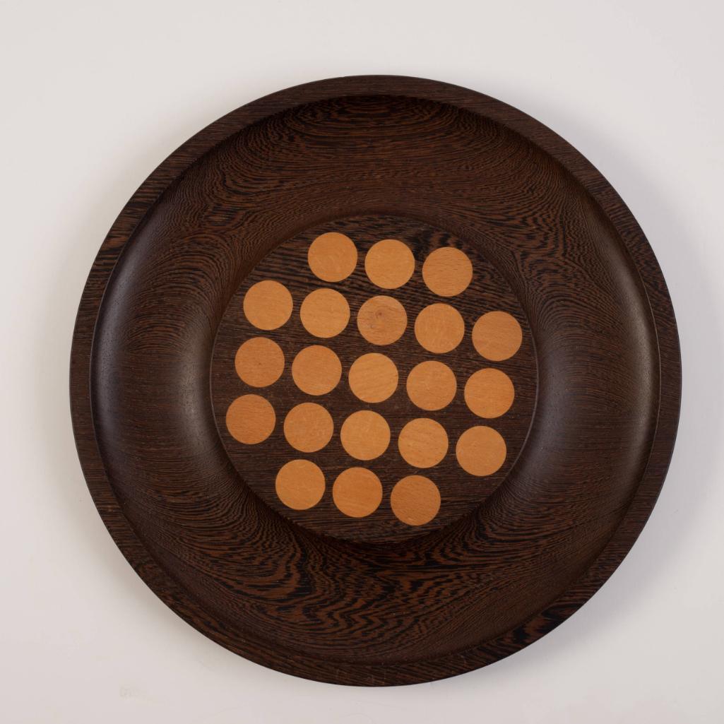Skjorde Skjern Cheeseboard.: Made in Denmark. Teak with oak inlay, diameter 14 3/4 inches.