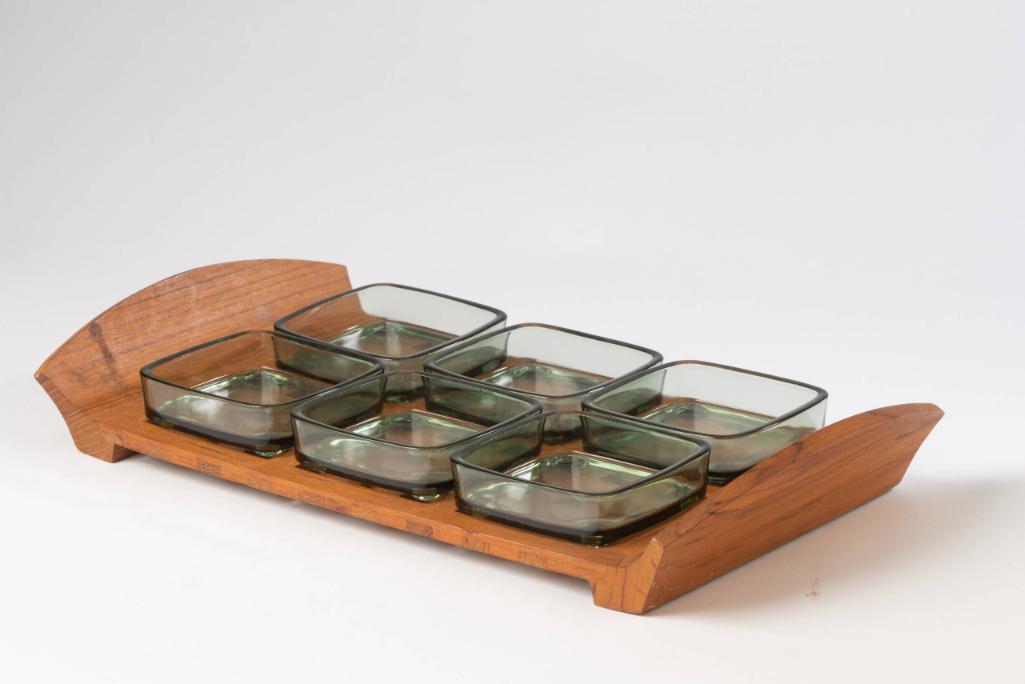 Jens Quistgaard for Dansk Condiment Tray.: 10 x 18 inches, with six glass 4 1/4 inch square glass dishes.