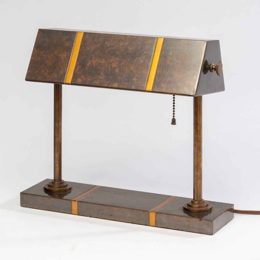 Silvercrest Bronze Art Deco Desk Lamp.: Signed with label. Height 11.25 inches, width 13 inches.
