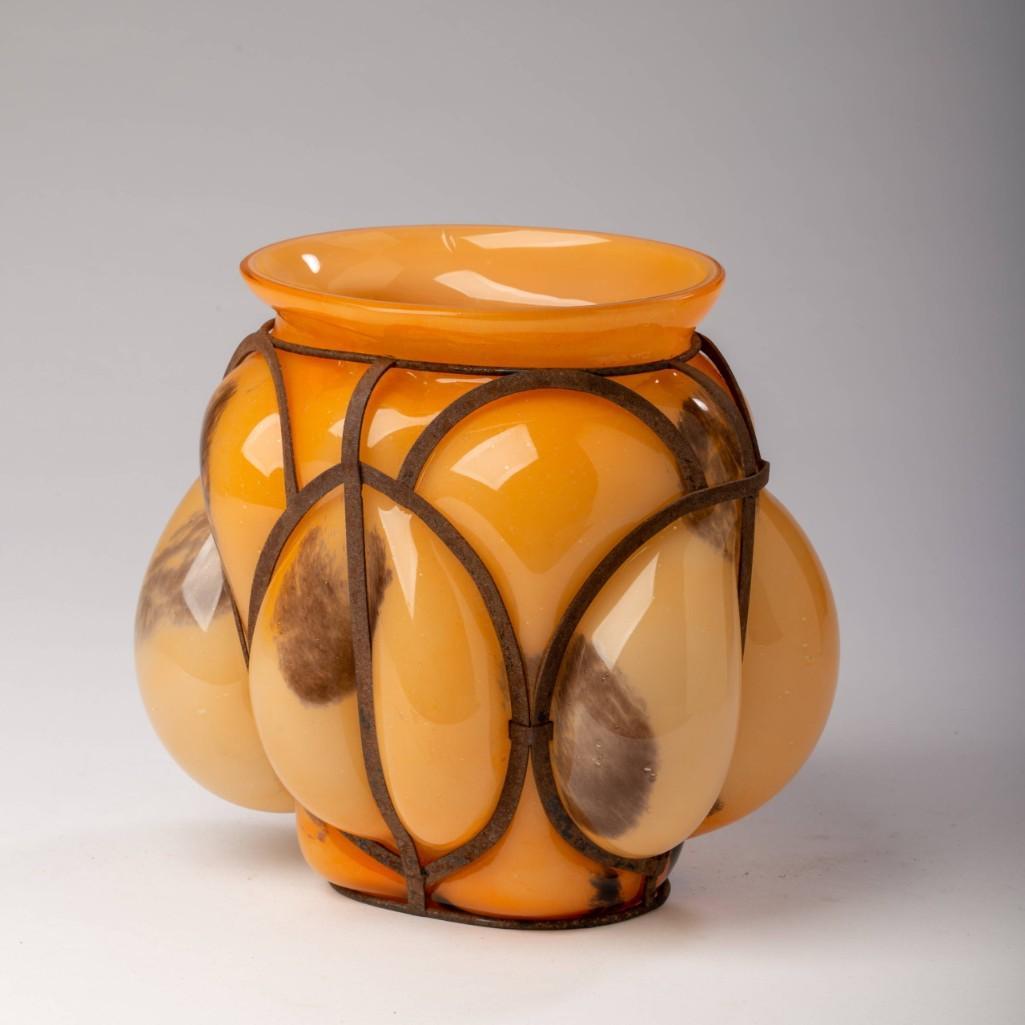 Art Deco Czech Glass Vase With Metal Mount.: Height 7.5 inches.