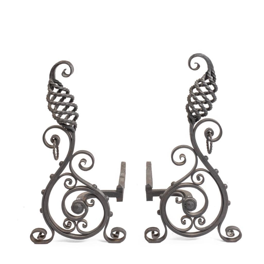 Pair of Roycroft Wrought Iron Andirons #69.: Unsigned, height 25 inches.
