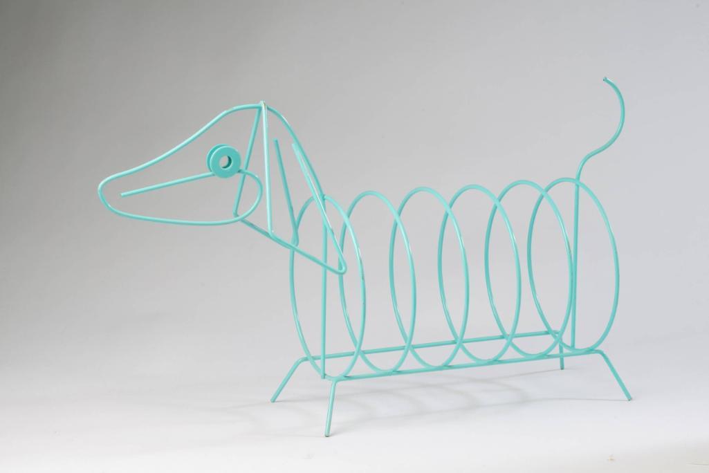 Turquoise Wire Dog Magazine Rack.: In the style of Frederic Weinberg, length 25 inches, height 14 inches.