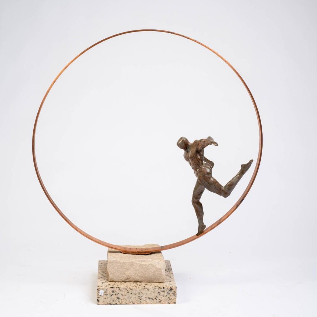 Roberto Gutierrez. Bronze Sculpture of a Nude Male.: On a stone base, overall height 38 inches, signed and dated 1999.