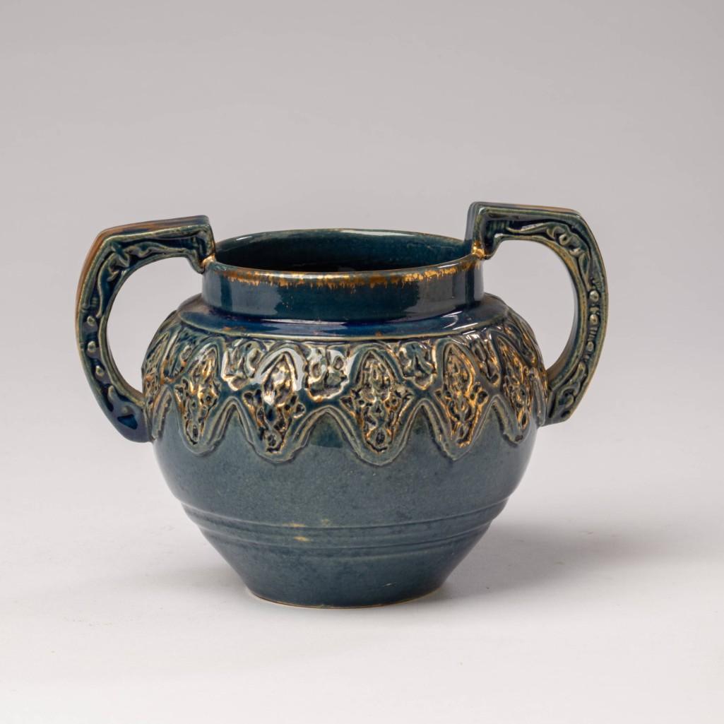 Matt Morgan Moorish Pottery Vase.: Cincinnati, Ohio, blue glaze raised with gilt, height 4 1/4 inches.