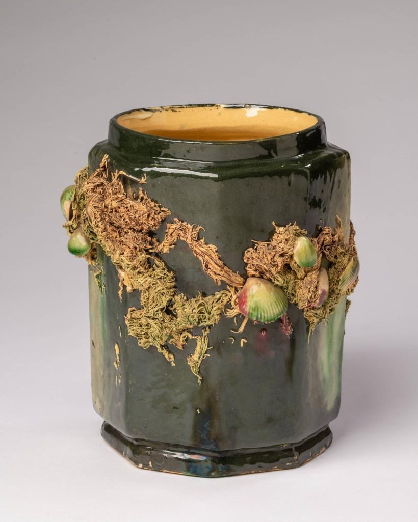 Wheatley Pottery Pallisy Type Vase.: With applied shells and sea life. Marked No. 89 in script on the base. Height 8 inches, diameter at rim 5 inches.