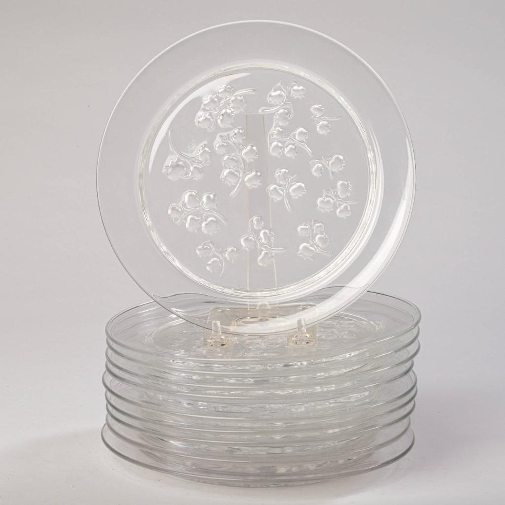 Set of 10 Lalique "Muguet" Lily of the Valley Plates: Signed Lalique Renee. Diameter 8.5 inches.