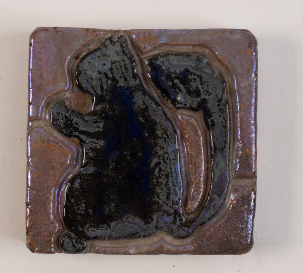 Antique Pewabic Art Pottery Squirrel Tile: With Luster Glaze, c. 1915, unsigned, 2 7/8 x 3 inches.