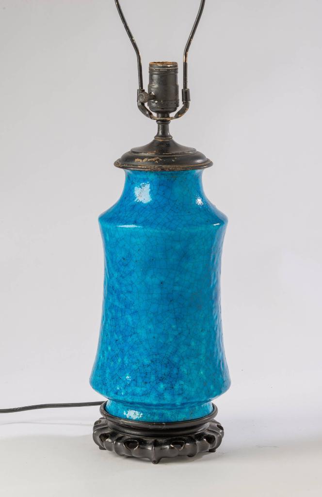 Raoul Lachenal Turquoise Glazed Pottery Lamp Base: Signed on the underside, France, 1920's, overall height 27 inches.