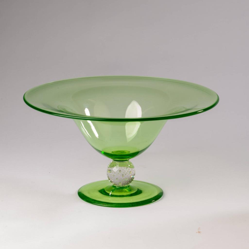 Green Pairpoint Glass Compote: With Controlled Bubble Ball Stem, Height 6.5 inches.