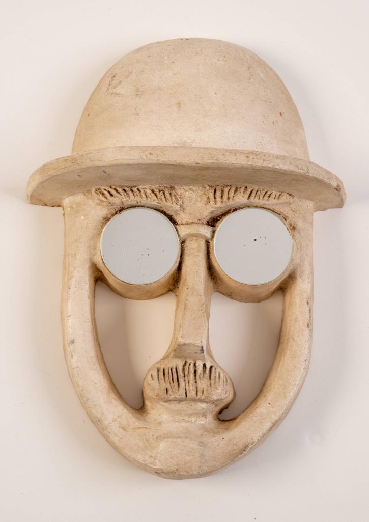 David Gil for Bennington Pottery Face Plaque: With Bowler and Mirror Spectacles, signed on back, height 12 inches