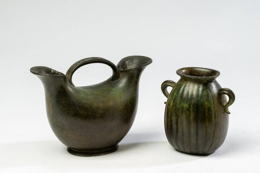 Two Just Andersen Bronzed Metal Vessels: Denmark, c. 1920's, height of tallest 4.5 inches.