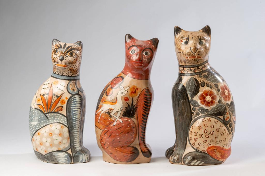 Three Large Mexican Tonala Pottery Cats.: Height of tallest 16 inches.
