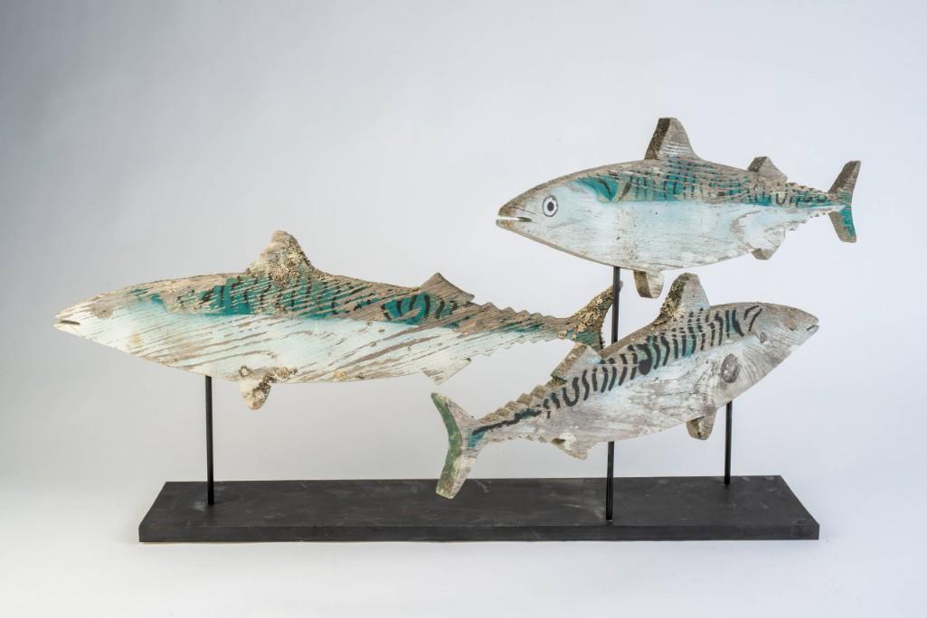 Barnaby Porter. Wooden Mackeral Sculpture.: Painted wood, each fish 28 inches long. Part of a large installation by Maine artist Barnaby Porter.