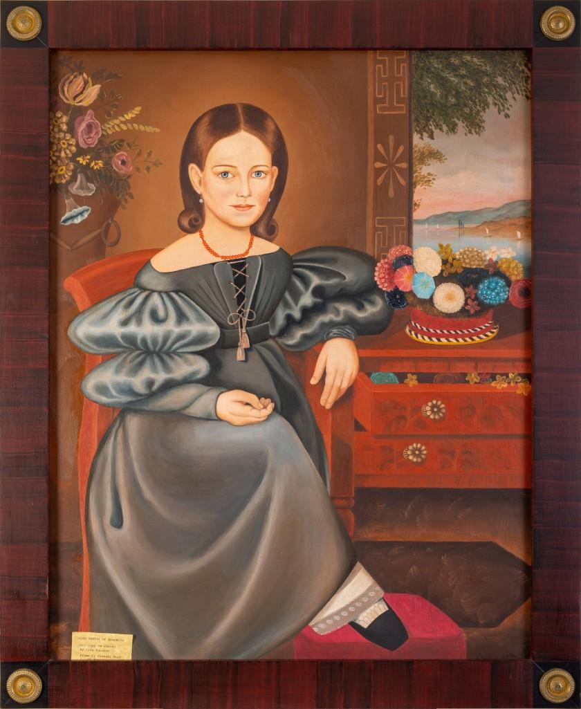 Copy of "Miss Tweedy of Brooklyn": Oil on Canvas By Lisa Gunther, 32 x 25 inches. Grain Painted frame by Carroll Hopf, 36.5 x 29.5 inches.