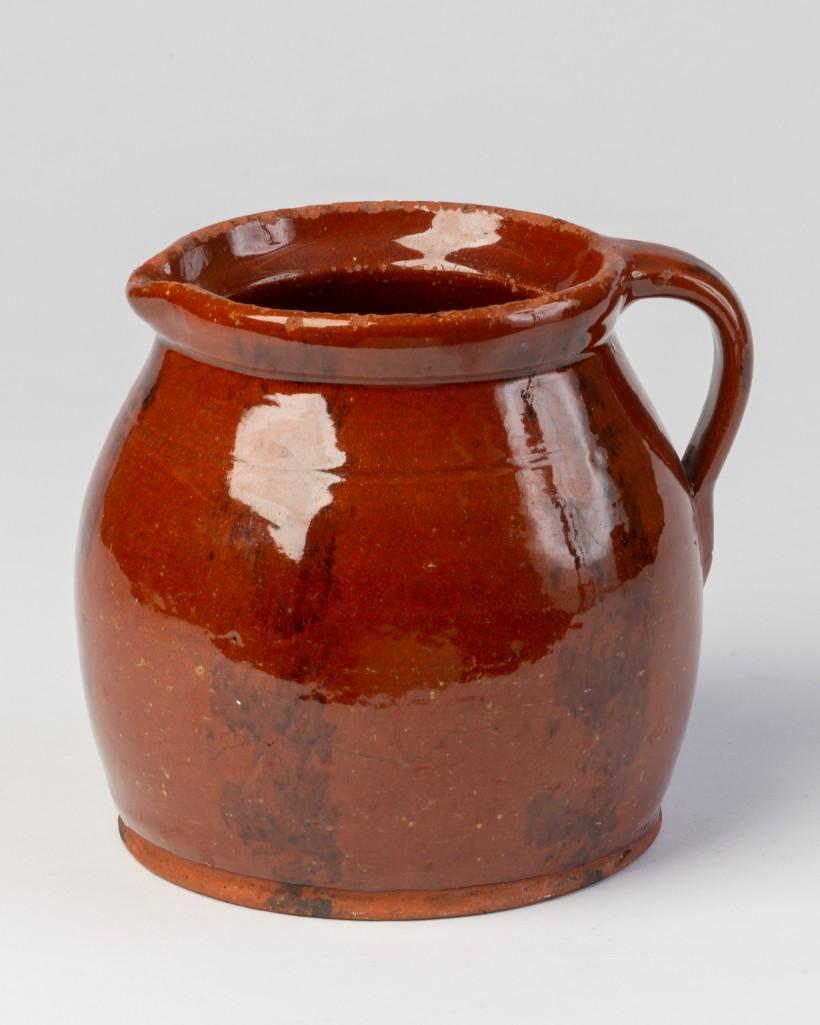 New England Glazed Redware Batter Pitcher, 1850-80. (1 of 4)