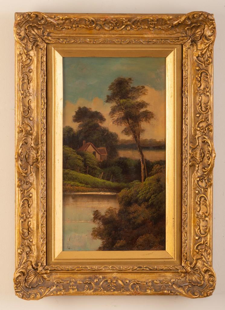 Pair of Paintings of English Cottages.: Each oil on masonite, 18 x 10 inches, signed S. Hooker, in elaborate gilt frames.