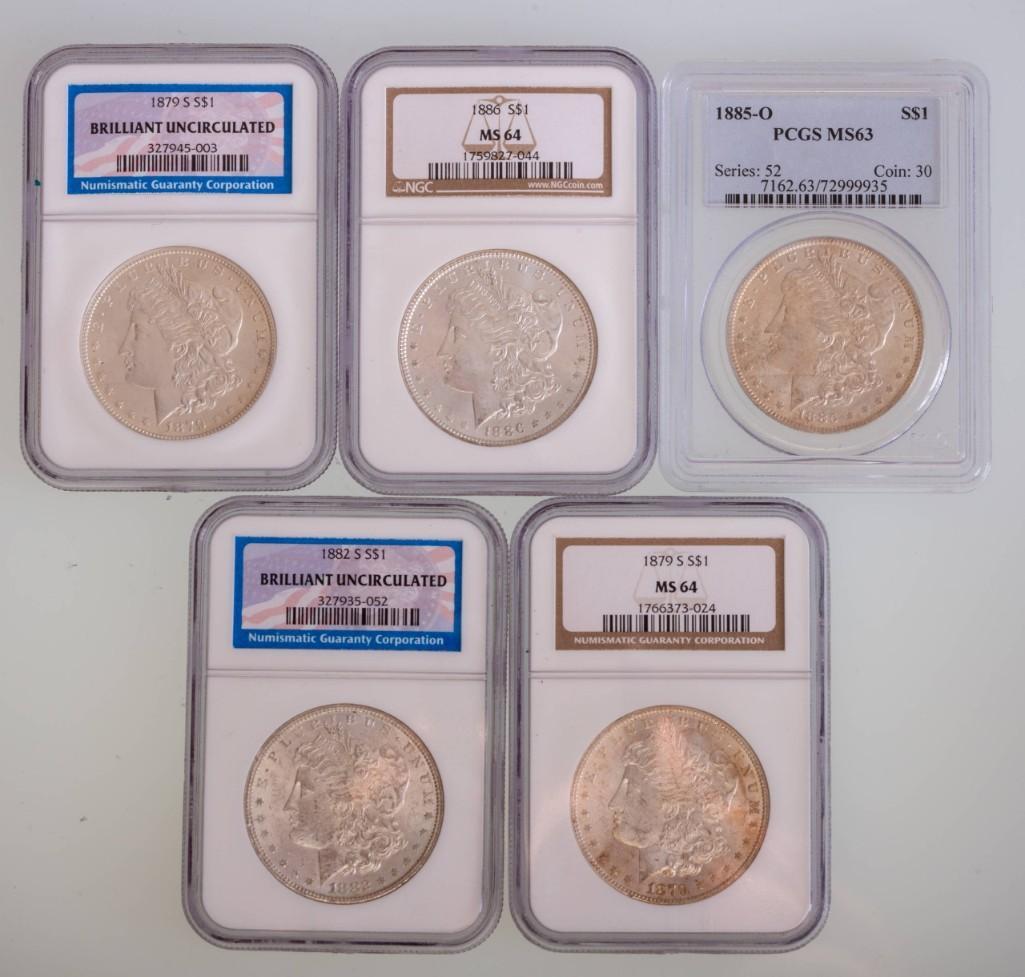 Five Silver Morgan Dollars. (1 of 2)