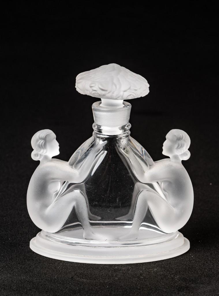 Czech Opalescent Glass Perfume Bottle.: Depicting two nude women, height 5.5 inches.