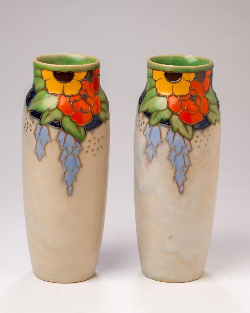 Pair of Royal Doulton Vases by Minnie Webb.: Art Nouveau in design, height 9.5 inches. Excellent condition.