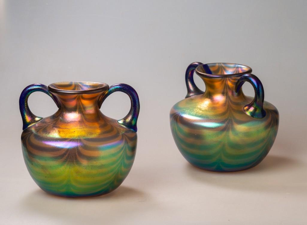 Pair of Loetz Style Iridescent Vases.: Height 6 inches. Condition: some surface scratches.
