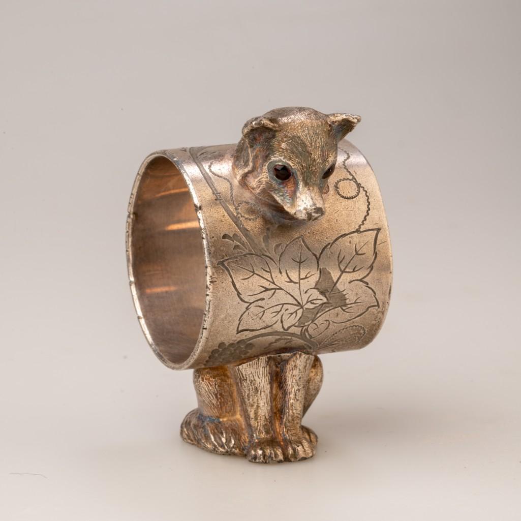 Fox with Glass Eyes Figural Napkin Holder.: Silver plate. Inscribed â€œALH Jan 1, â€œ86.” Height 3 inches.