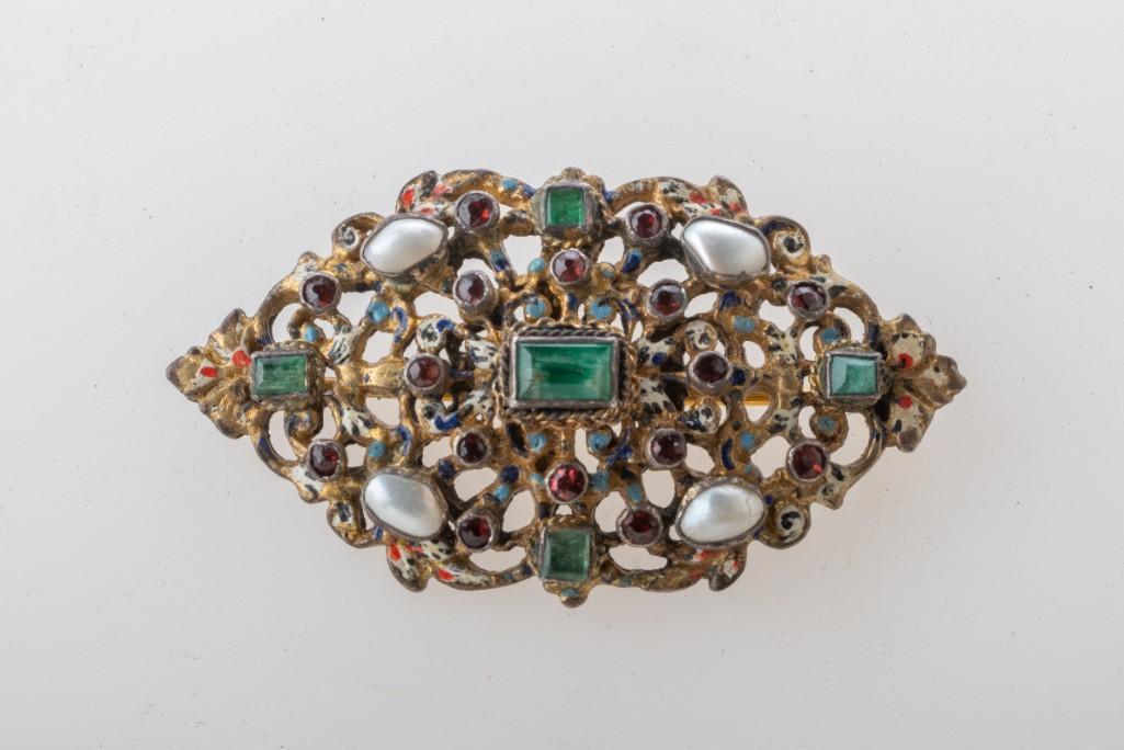 Austro Hungarian Gem Set Gilt Silver Pin.: Renaissance revival. 2 x 1.5 inches.