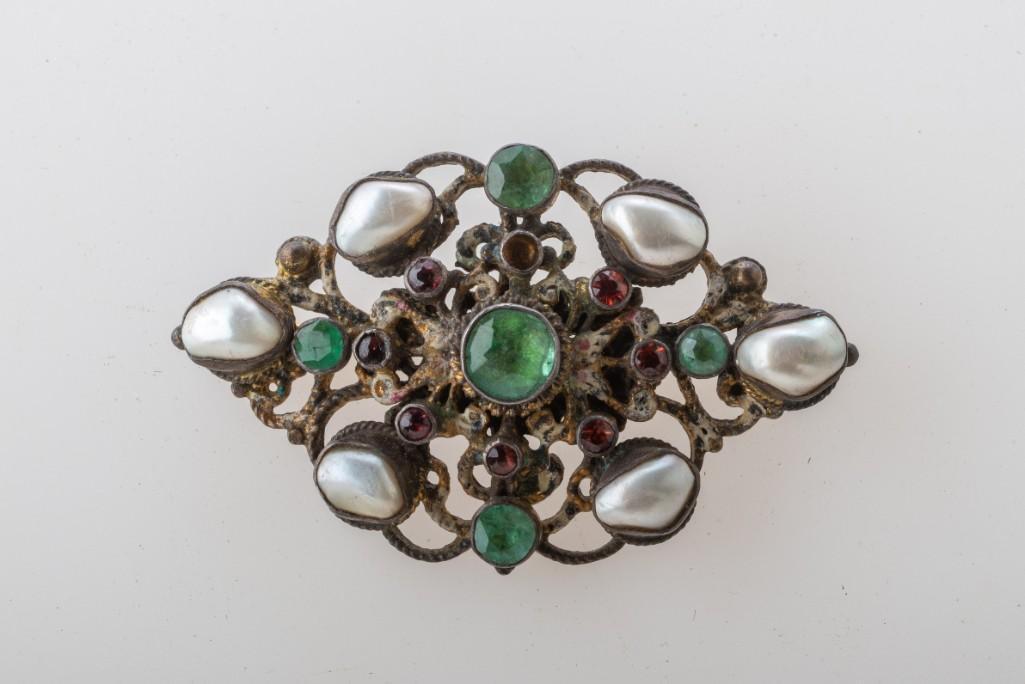 Austro Hungarian Gem Set Gilt Silver Pin.: Renaissance revival. 1.75 x 1.25 inches.