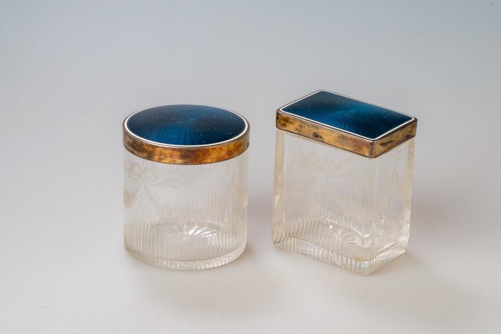 2 French Dresser Jars.: Silver, guilloche enamel and etched glass. French hallmarks. Height of tallest 3.25 inches.