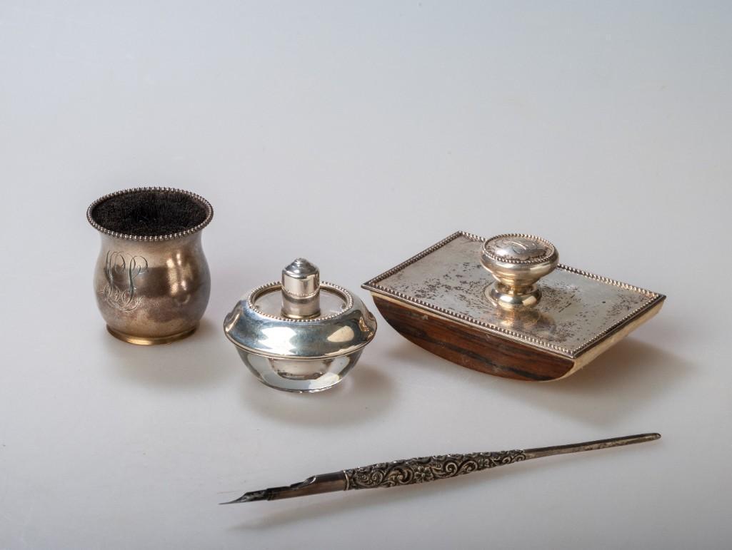 Group of Sterling Desk Items.: Blotter, length 4 inches, fountain pen, lighter, and pen holder.