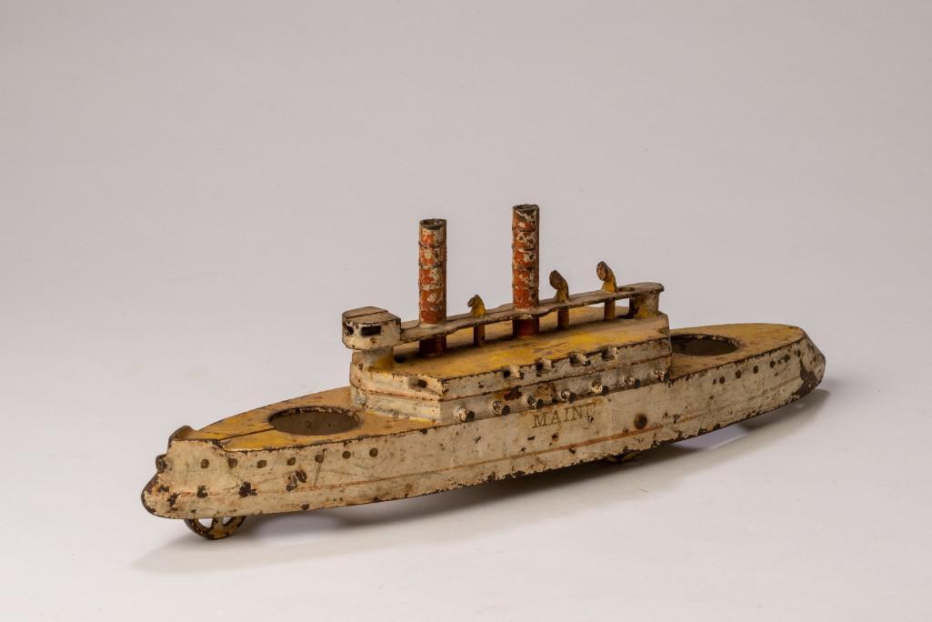 Harris/Wilkins Cast Iron Battleship Maine.: Length 14 inches. Missing revolving fore and aft guns.