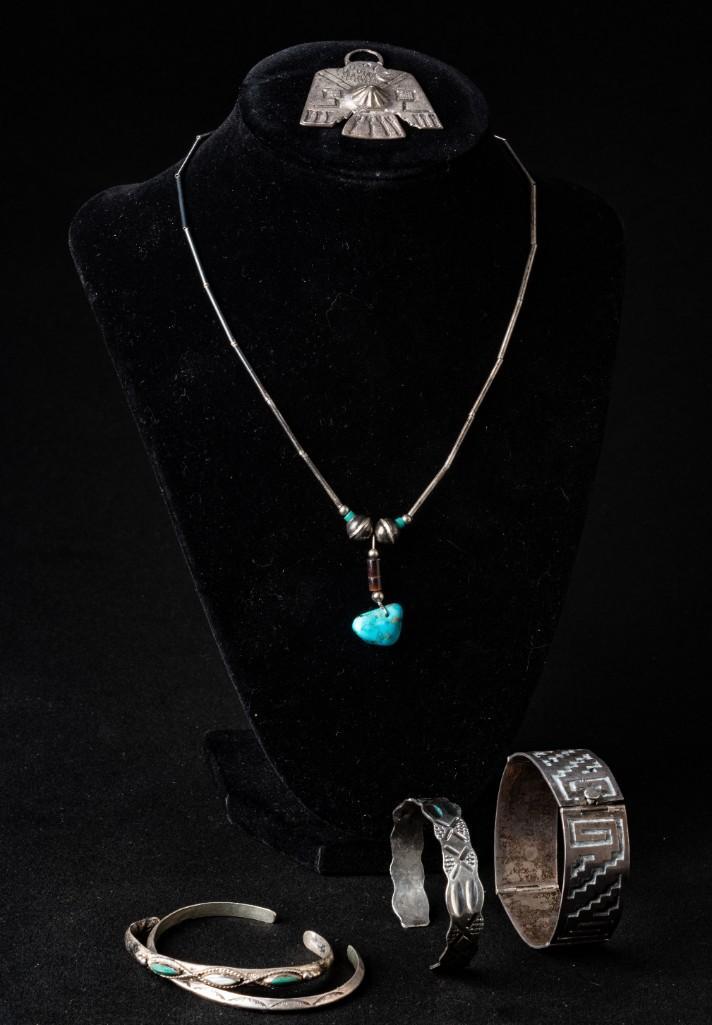 5 Pieces of Native American Jewelry and a Mexican: Five-piece jewelry is silver. Bracelet is sterling. Diameter of bracelets 2.25 to 2.5 inches.