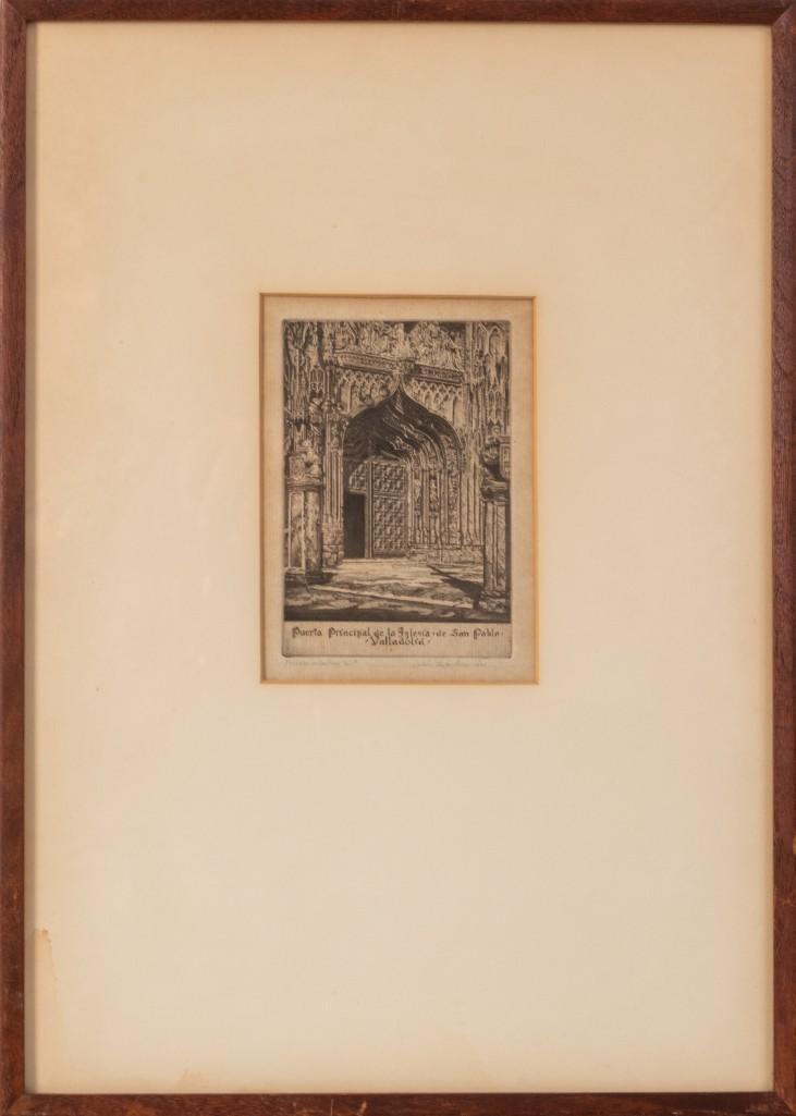 John Taylor Arms Etching (1887-1953).: â€œPuerta Principal de la Iglesia de San Pablo, Valladolid [Spain]”, 1934, signed and â€œPrivate collection â€˜bâ€™ II” written in pencil. 5.5 x 4 inches, sight.