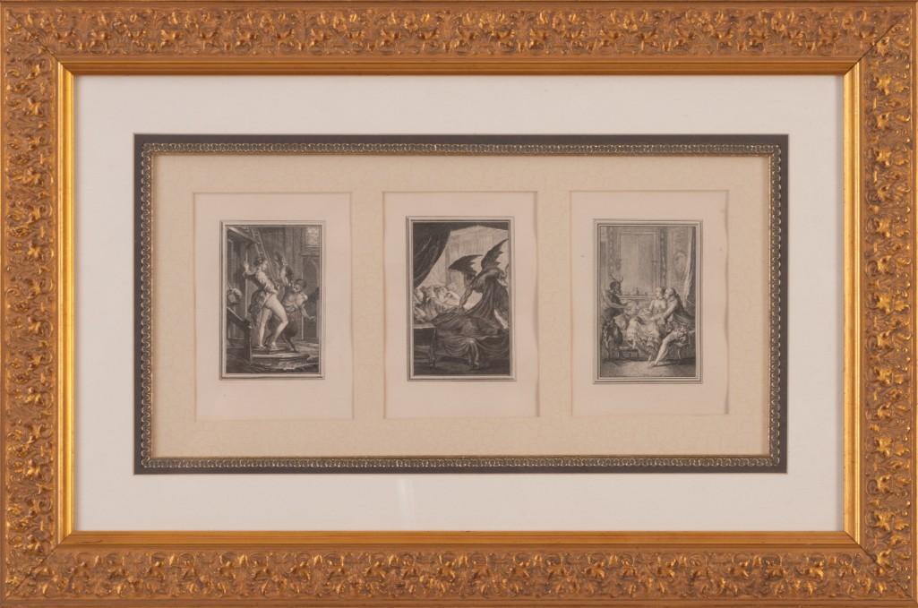 Triptych of Prints after Max Ernst.: Each image 4 x 2.75 inches, frame 15.5 x 23.5 inches.