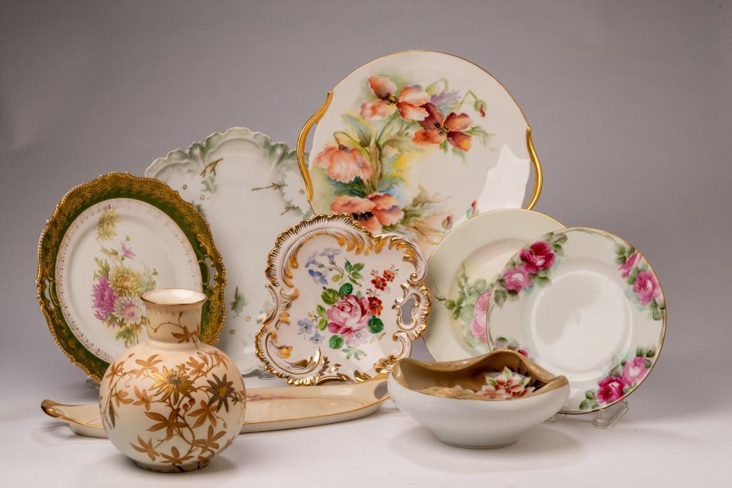 Group of Floral Decorated Ceramic Pieces.: Pointons vase, height 7 inches. Also including Nippon, Royal Austria, Limoge, Italian and German examples.
