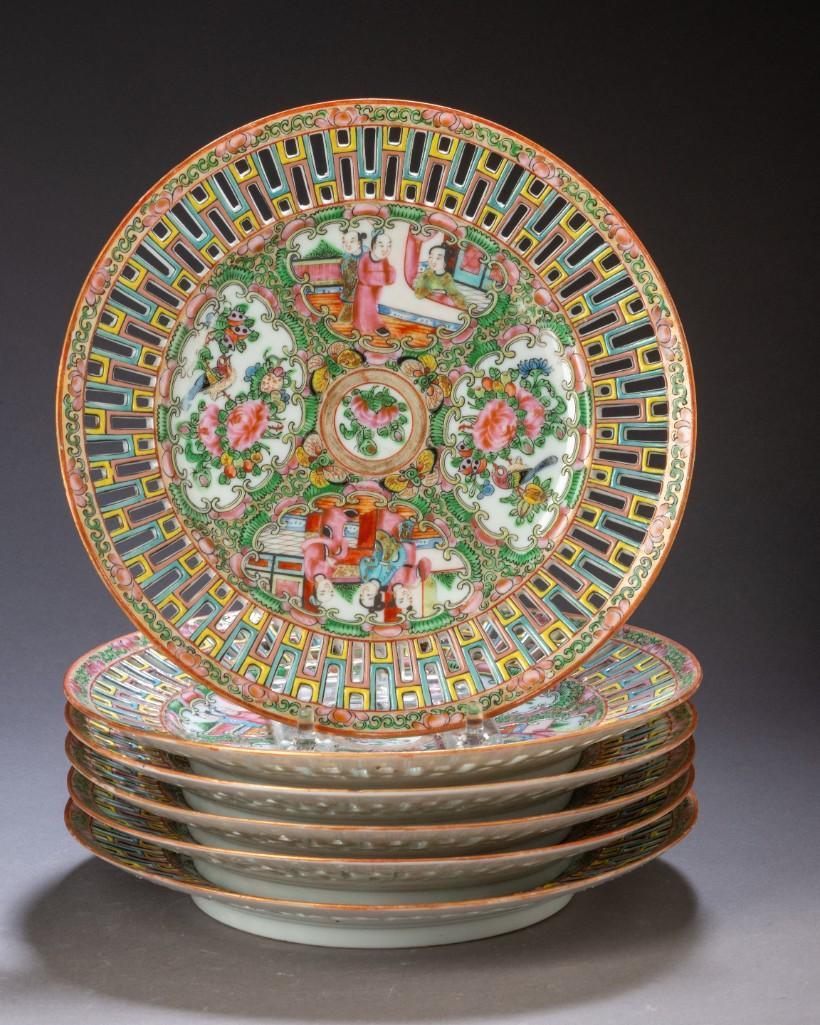 Set of Six Chinese Rose Medallion Reticulated Plates. (1 of 3)