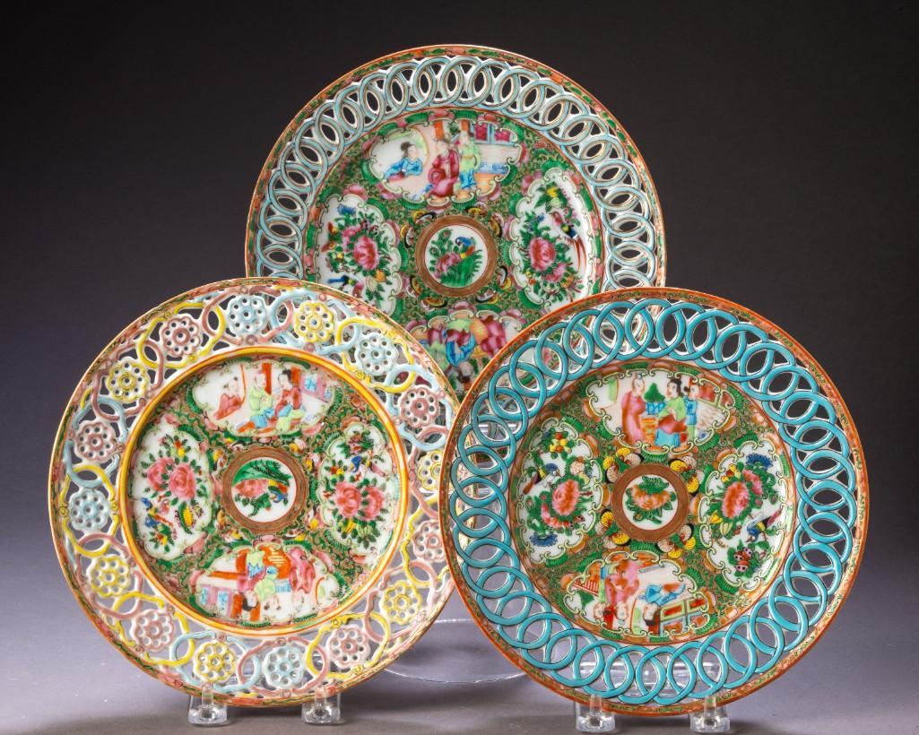 Three Chinese Rose Medallion Reticulated Plates. (1 of 2)