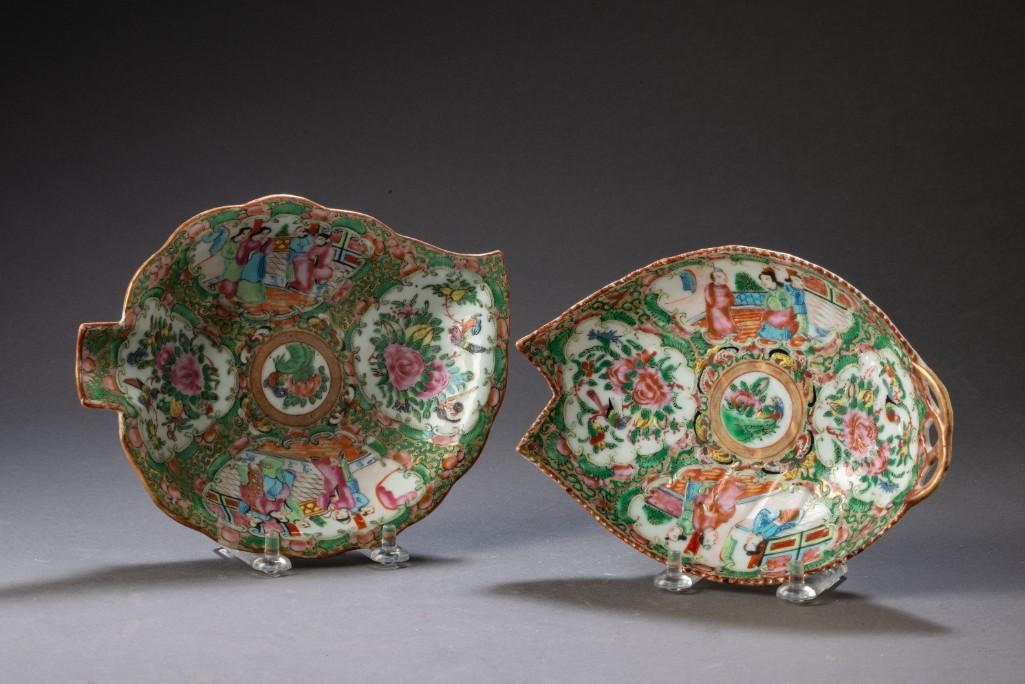Two Chinese Export Rose Medallion Leaf Dishes. (1 of 4)