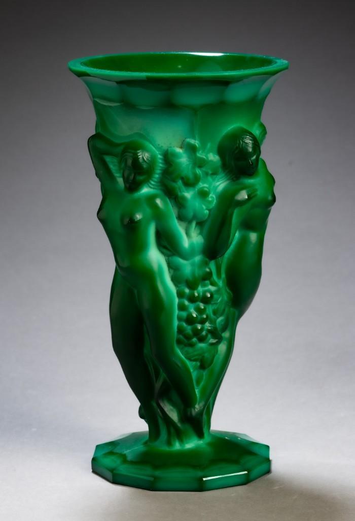 Art Nouveau Green Malachite Vase.: Depicting nude figures, height 8.5 inches.