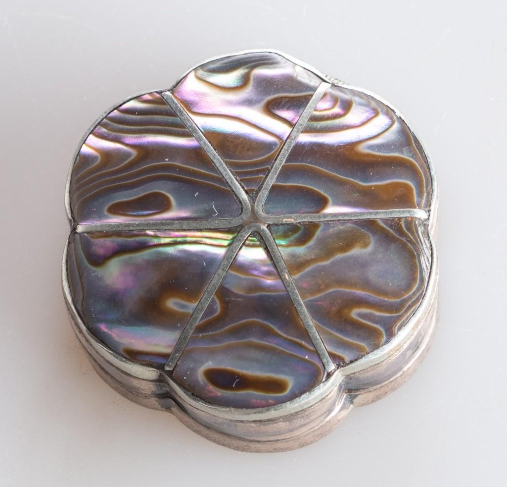 Sterling Pill Box With Mica Inlay.: Diameter 1.25 inches, marked sterling at base.