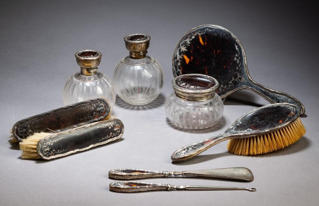 Antique Tortoiseshell and Sterling Dresser Set. (1 of 3)